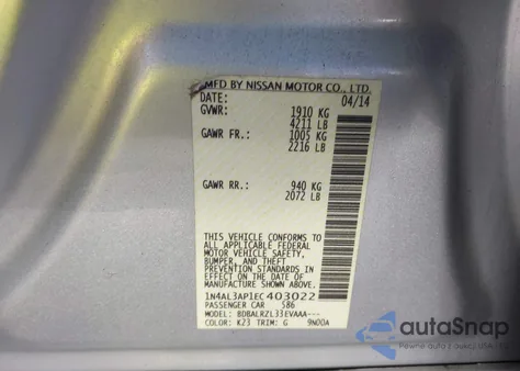 2014 Nissan Altima 2.5/2.5 S/2.5 Sl/2.5 Sv from USA, damaged, VIN 1N4AL3AP1EC403022